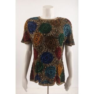 Oleg Cassini Black Tie Womens Silk Beaded Top Blouse Art Deco L Large Vintage